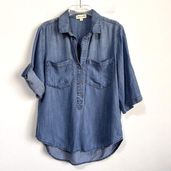 Cloth & Stone Denim Chambray Popover Top Size M Blue Tencel Roll Tab Sleeves - Picture 1 of 11